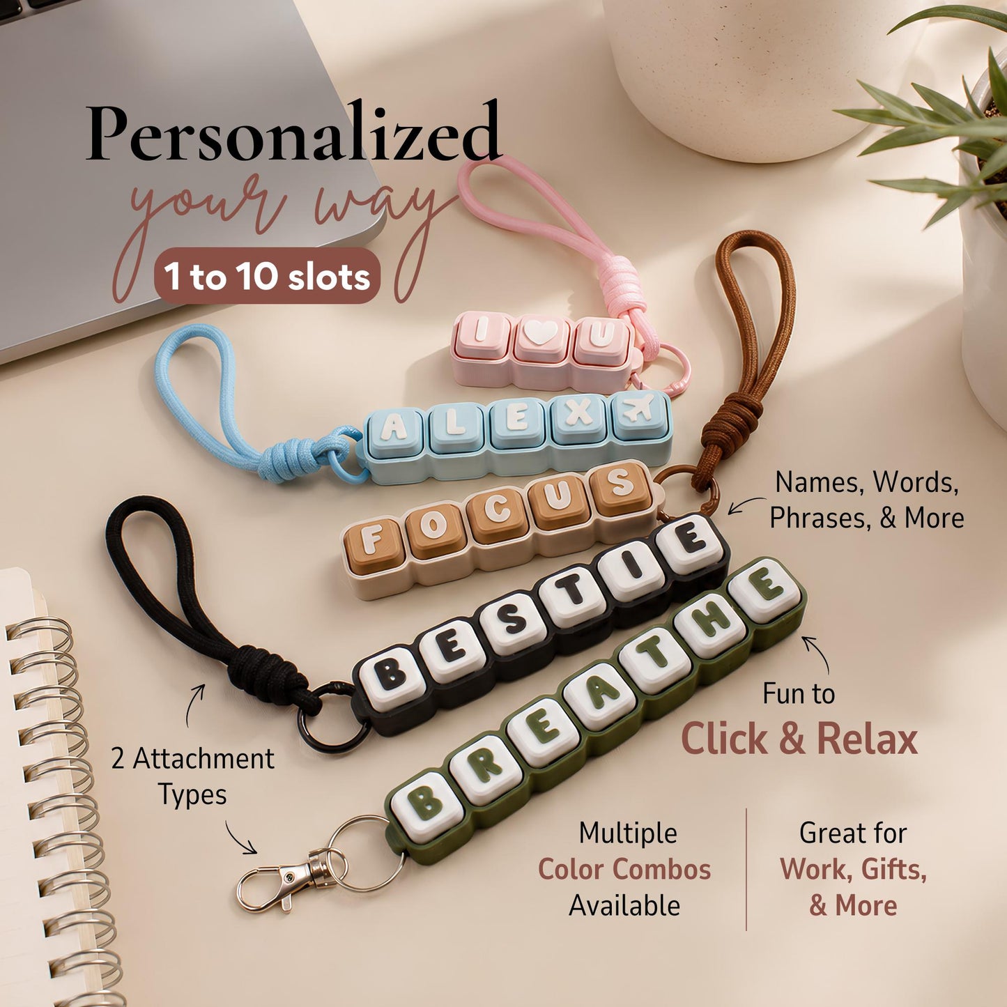 Personalized Keycap Fidget Clicker Keychain, Custom Name or Word Sensory Toy, 3D Printed Gift